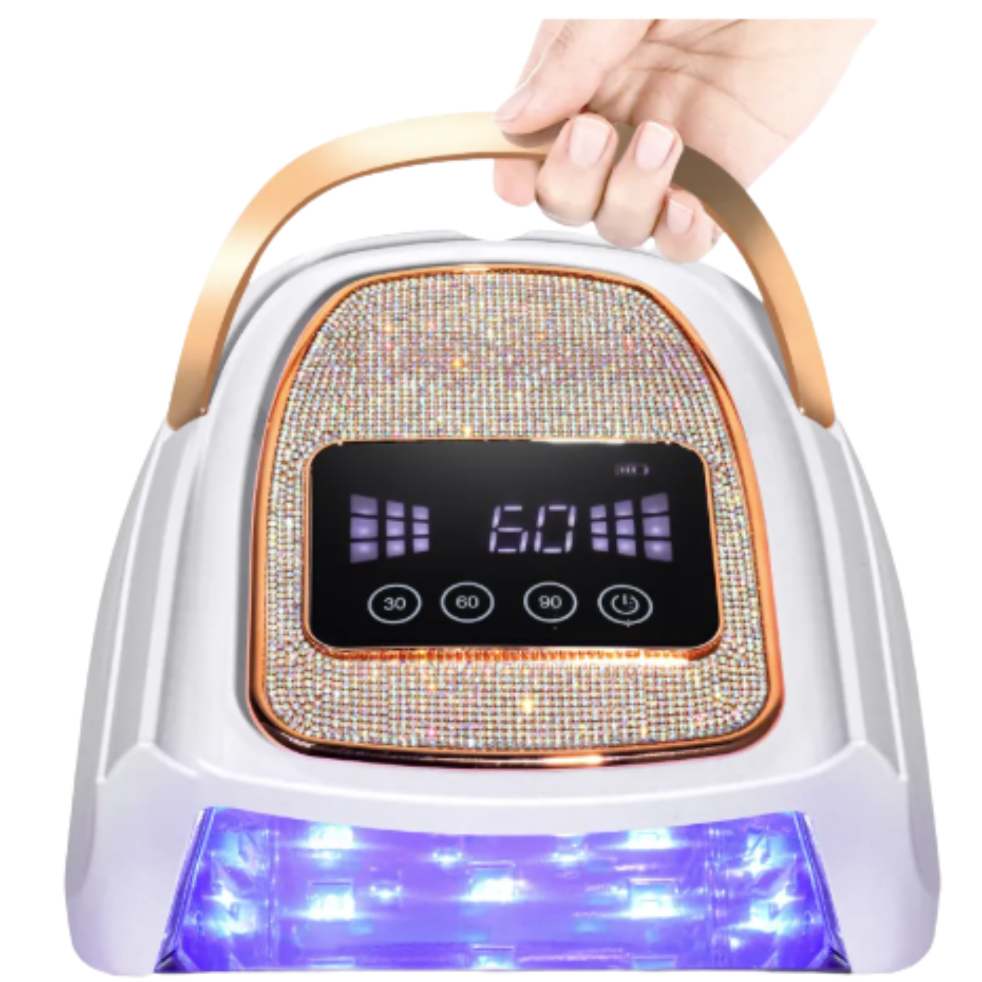 Portable electronic device with rhinestone-encrusted surface and digital display, held by a hand.